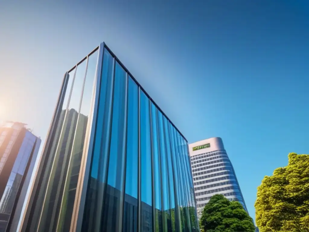 Edificio de oficinas moderno: luz y sombras en vidrio Un imponente edificio de oficinas moderno con fachada de cristal, rodeado de árboles verdes y una ciudad bulliciosa