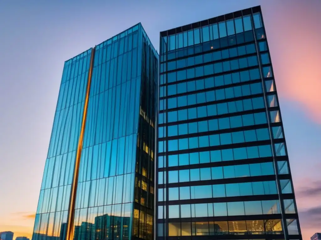 Edificio moderno al atardecer: símbolo de éxito y sofisticación Imponente edificio de oficinas con vista urbana al atardecer