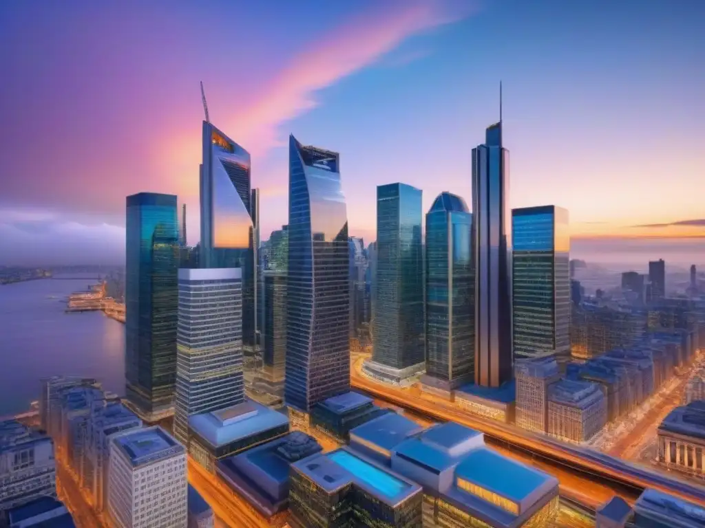 Oficina de lujo en distrito financiero: inversión en REITs Un imponente horizonte financiero al atardecer, reflejando éxito y prosperidad en la inversión en REITs comerciales rentables