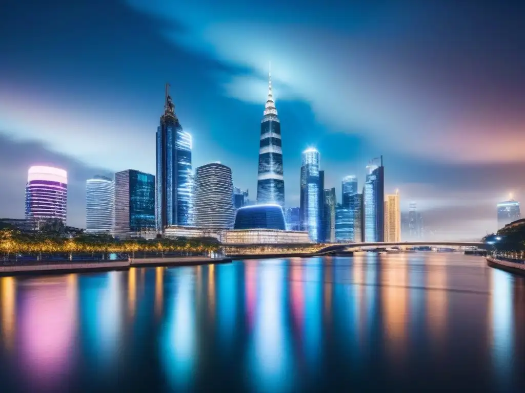 Metrópolis futurista: modernos rascacielos en una ciudad vibrante de noche Un imponente horizonte futurista de una ciudad con rascacielos modernos iluminados, reflejándose en aguas tranquilas