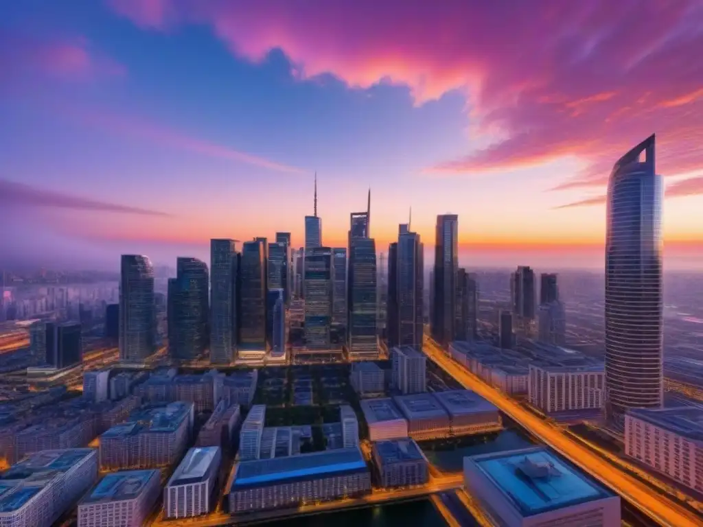 Horizonte urbano al atardecer: símbolo de prosperidad financiera en la intersección de seguros y bienes raíces Imponente horizonte urbano al atardecer, reflejando el cielo anaranjado y rosa