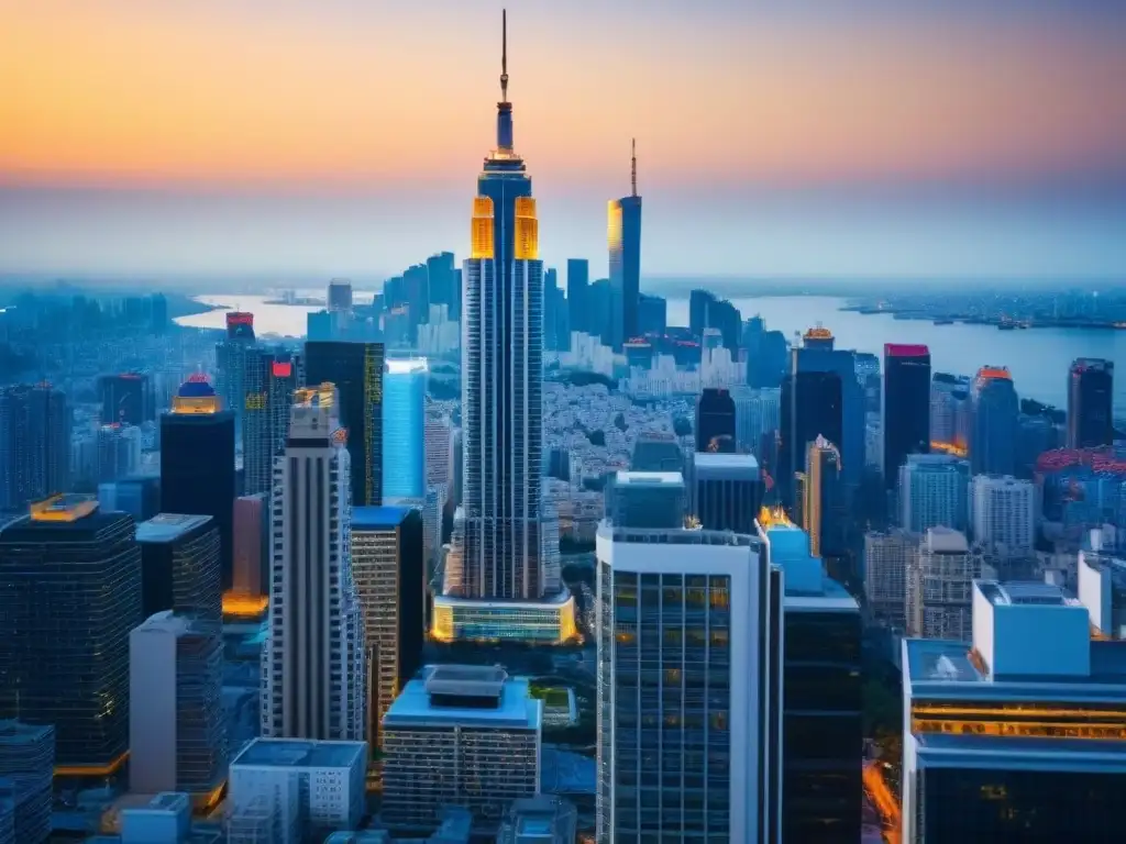 Edificio de lujo en ciudad asiática: diseño moderno y prosperidad Imponente rascacielos en ciudad asiática, reflejando modernidad y financiamiento inmobiliario en Asia