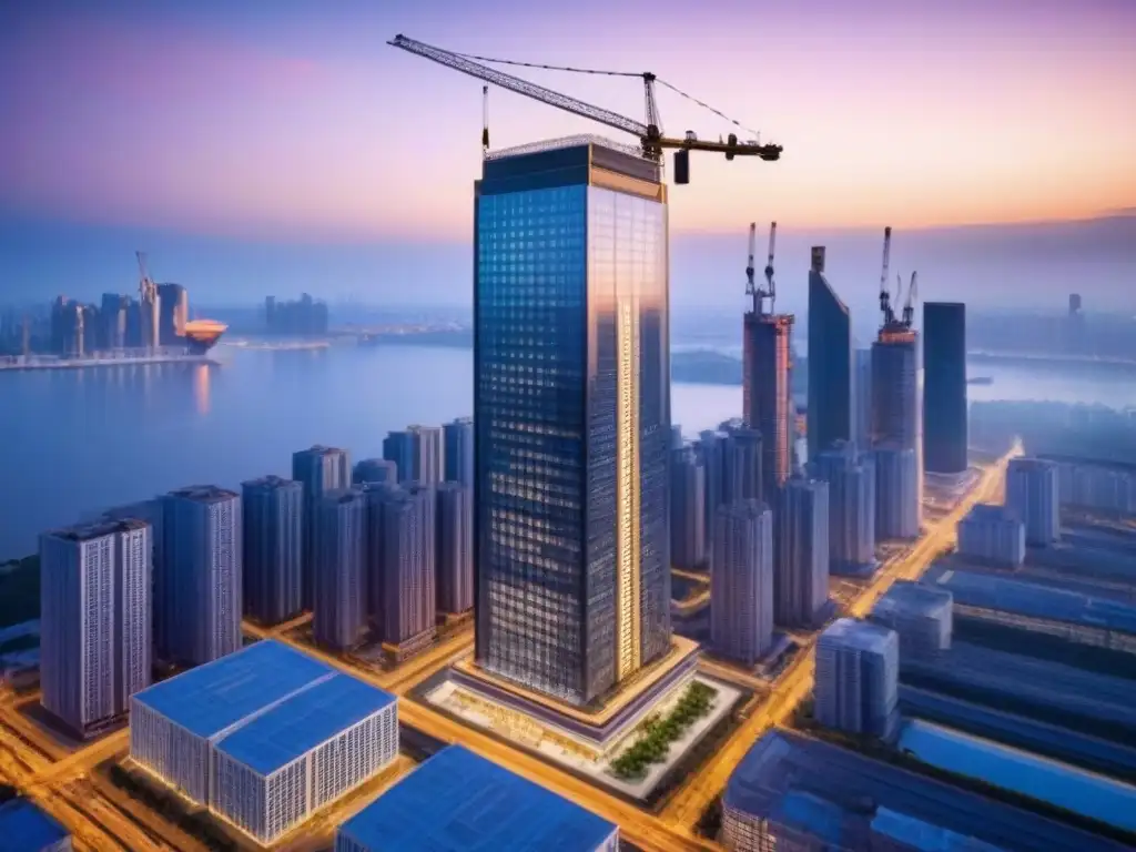 Rascacielos moderno y ambicioso en construcción al atardecer Imponente rascacielos en construcción en la ciudad al atardecer, simbolizando el financiamiento proyectos inmobiliarios monumentales