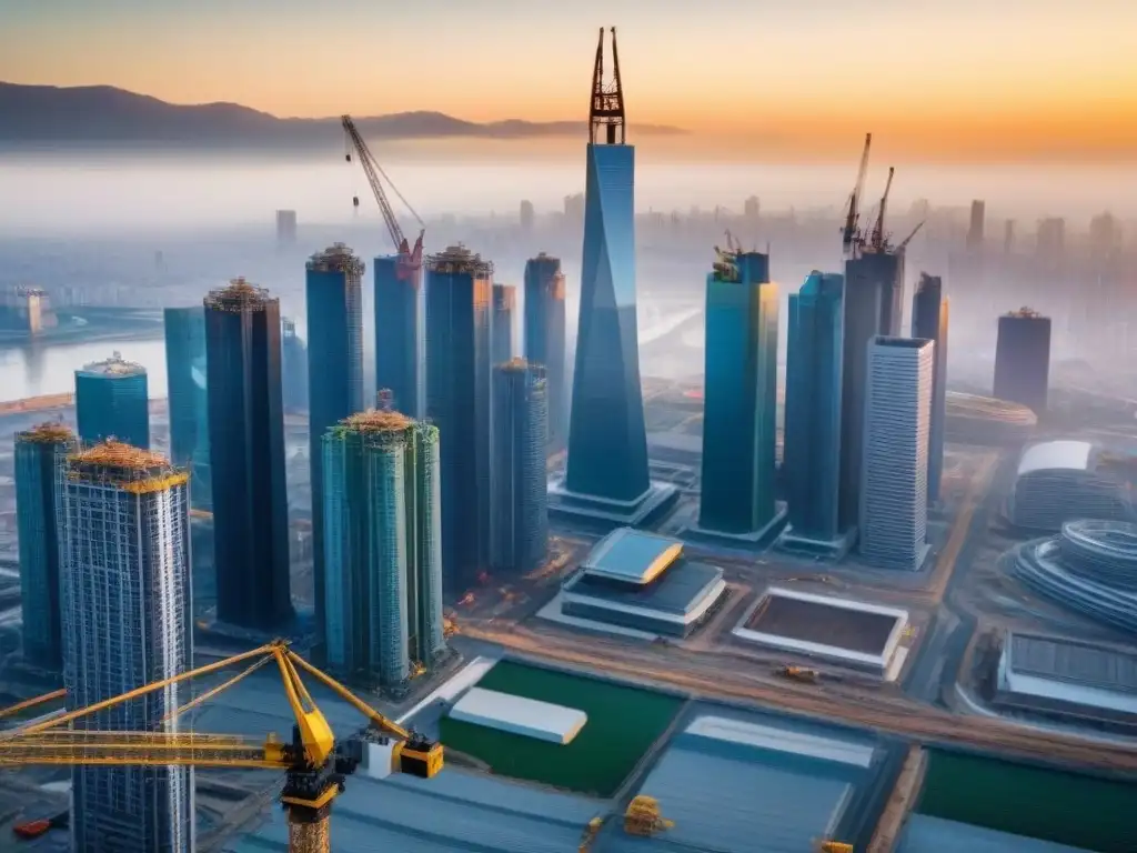 Imponente rascacielos en construcción rodeado de grúas y trabajadores en un ambiente futurista de la ciudad