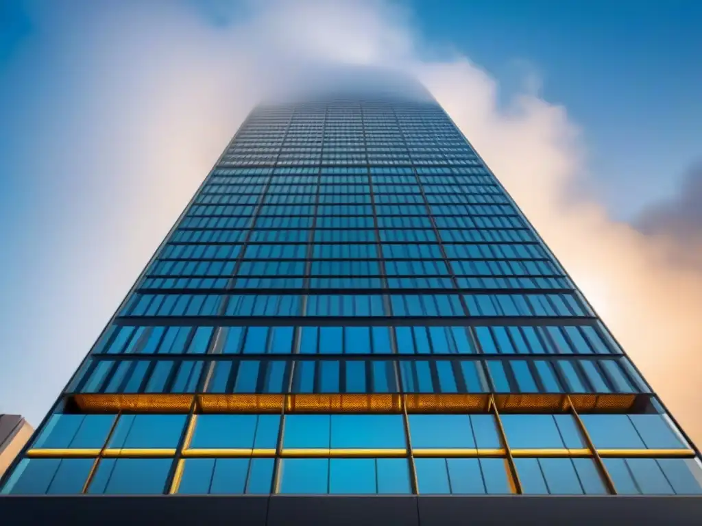 Rascacielos de cristal: símbolo de transparencia en finanzas inmobiliarias Imponente rascacielos de cristal en un cielo azul, reflejando la ciudad