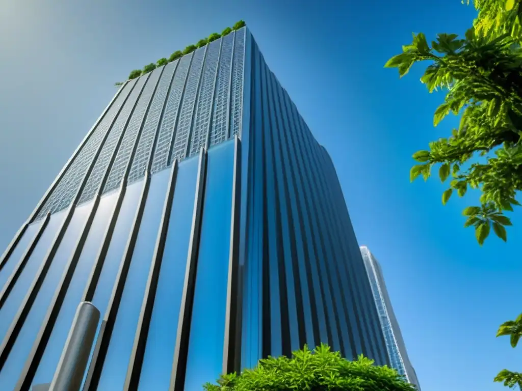 Inversión inmobiliaria: rascacielos moderno entre vegetación Imponente rascacielos entre exuberante vegetación, cielo azul claro, estabilidad y crecimiento en préstamos inmobiliarios