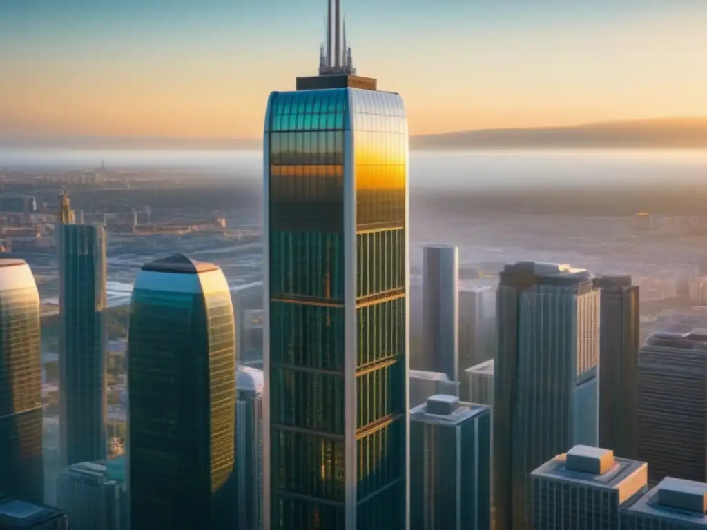 Esplendor urbano: rascacielos futurista en ciudad vibrante Imponente rascacielos futurista en una ciudad vibrante, reflejando la luz del sol