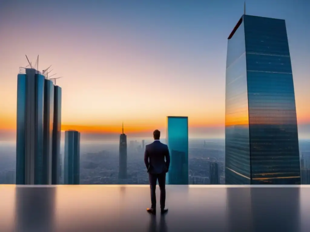 Espectacular rascacielos futurista en un atardecer urbano Un imponente rascacielos futurista refleja la ciudad al atardecer, destacando el éxito del financiamiento inmobiliario en un ambiente urbano vibrante