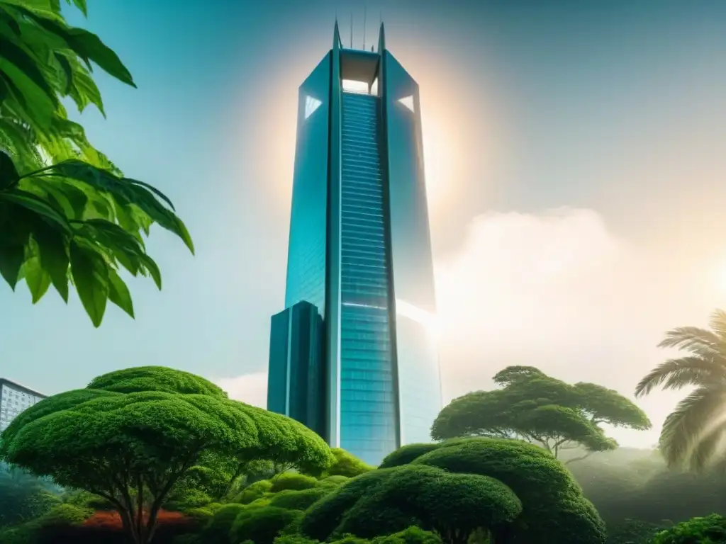 Rascacielos transparente: innovación inmobiliaria Imponente rascacielos futurista transparente con luz solar reflejándose, rodeado de vegetación y arquitectura moderna