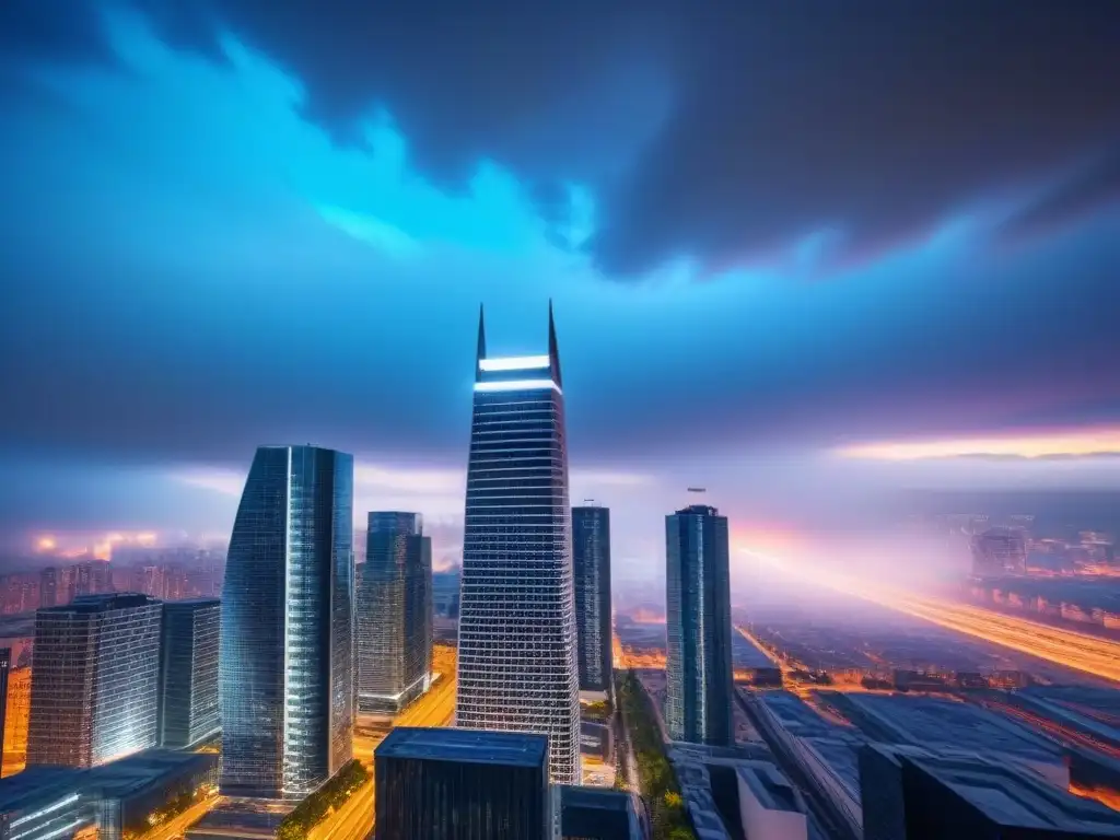Rascacielos futurista: inversión inmobiliaria vibrante El imponente rascacielos futurista resalta en el vibrante paisaje urbano, representando la excelencia en guía financiamiento préstamos inmobiliarios