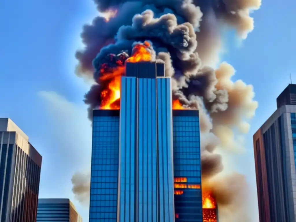 Espectacular incendio en moderno rascacielos: caos y belleza Imponente rascacielos en llamas bajo un cielo tormentoso, destaca la importancia seguros propiedad préstamos inmobiliarios
