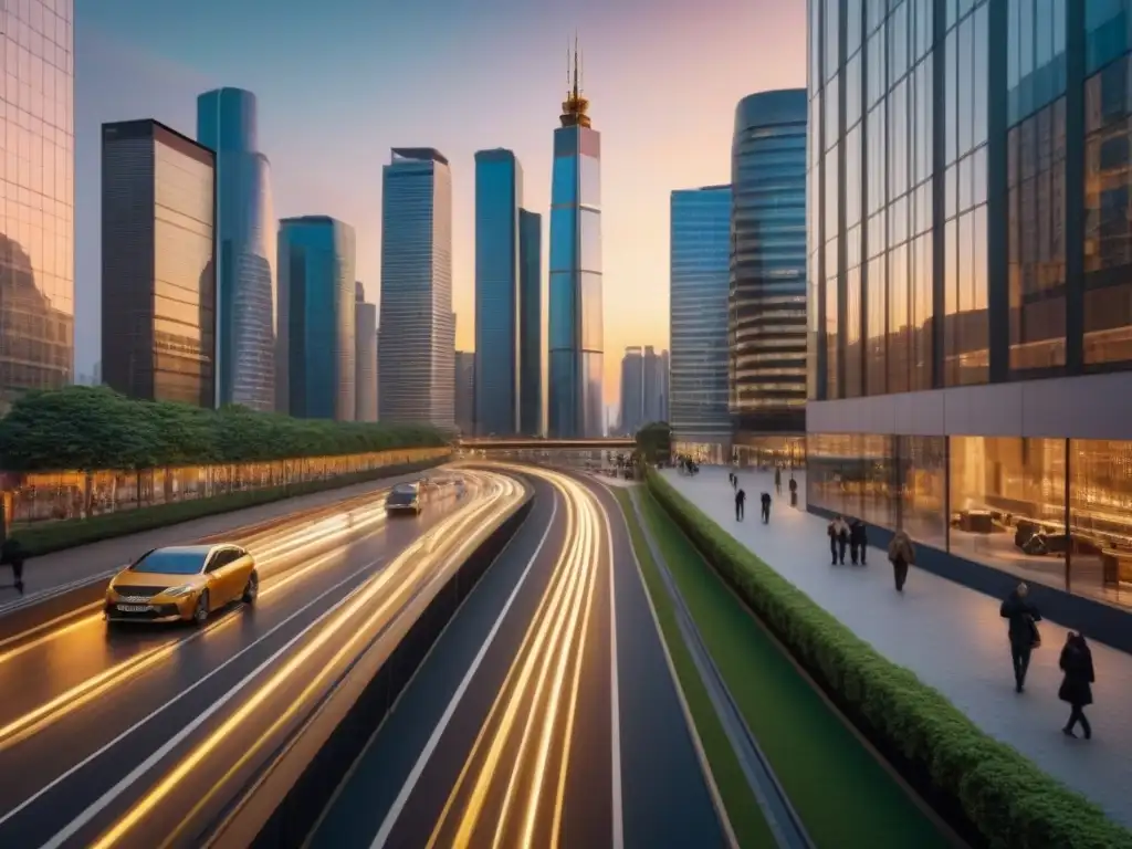Esplendor urbano: rascacielos moderno en atardecer dorado Un imponente rascacielos moderno reflejando el atardecer dorado sobre una ciudad bulliciosa