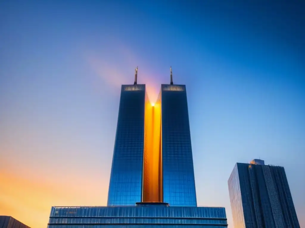 Imponente rascacielos moderno reflejando el atardecer dorado en un cielo azul, símbolo de estabilidad y prosperidad en inversión inmobiliaria