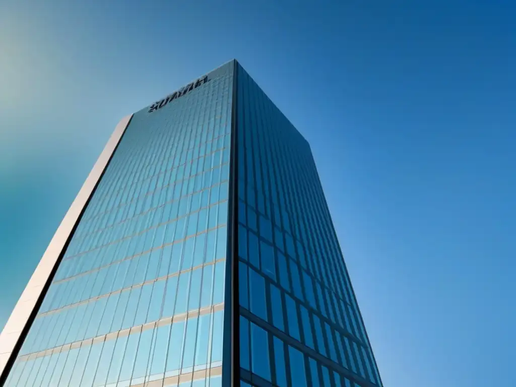 Rascacielos moderno y sofisticado: simbolismo del seguro inmobiliario Imponente rascacielos moderno, reflejando el cielo azul