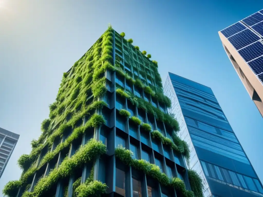 Rascacielos ecológico: integración de prácticas sostenibles en arquitectura Imponente rascacielos moderno con vegetación, representando el financiamiento verde en proyectos inmobiliarios