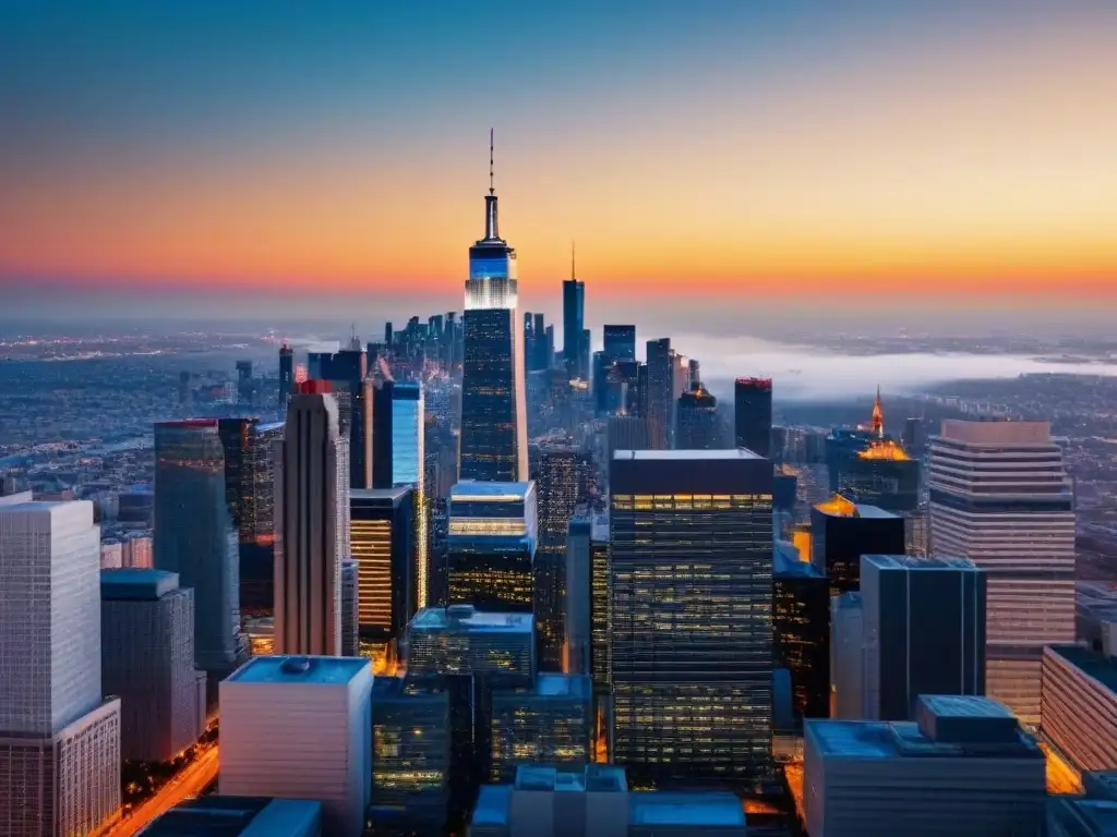 Rascacielos moderno: transparencia y confianza en inversión inmobiliaria Imponente rascacielos moderno rodeado de la bulliciosa ciudad, mostrando transparencia en inversiones inmobiliarias bajo el cálido atardecer urbano