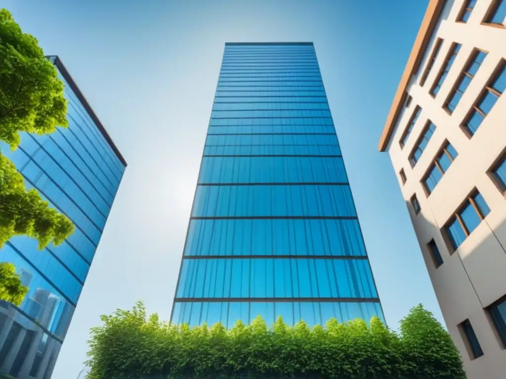 Inversión inmobiliaria segura: rascacielos moderno y frondosidad verde Imponente rascacielos moderno rodeado de vegetación, reflejando seguridad y protección