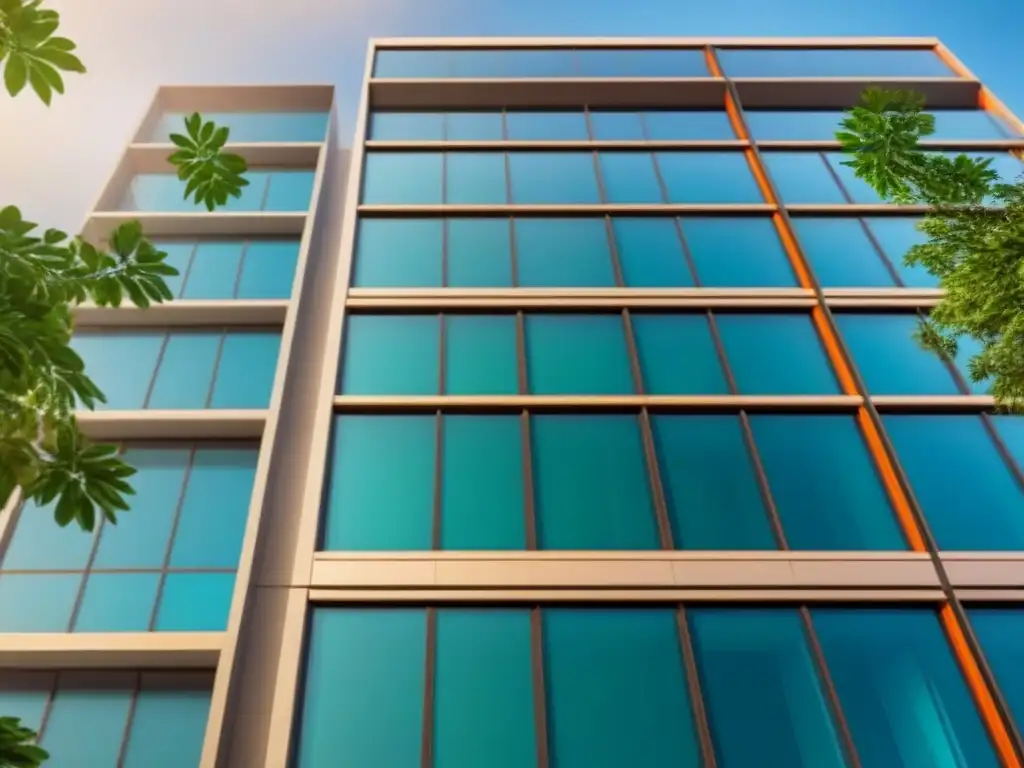 Edificio futurista de alta tecnología en entorno urbano Imponente rascacielos moderno rodeado de vegetación, simbolizando estrategias de blindaje en inversiones inmobiliarias