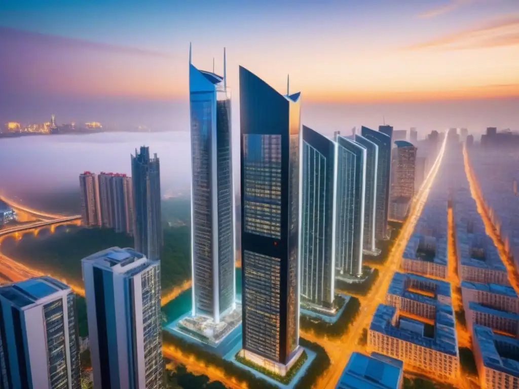 Esplendor urbano: rascacielos moderno en ciudad vibrante al atardecer Un imponente rascacielos moderno se eleva sobre la vibrante ciudad al atardecer, reflejando la luz dorada del sol