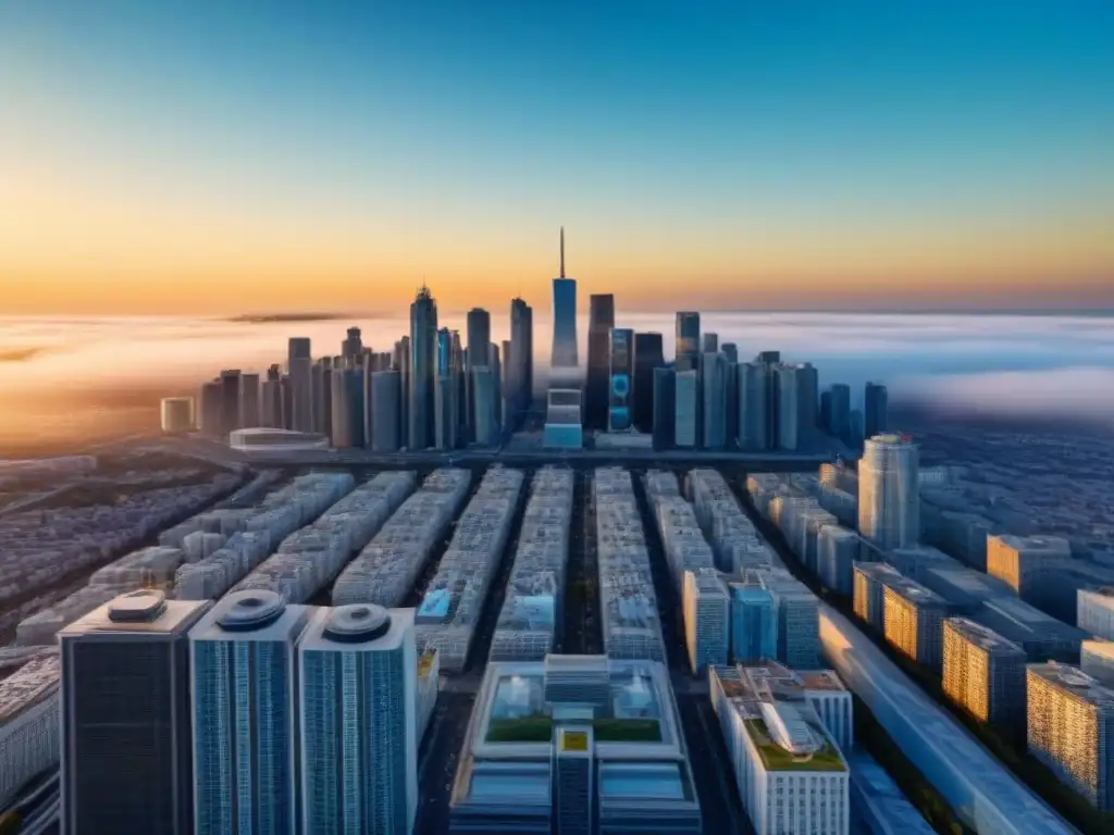 Rascacielos moderno en ciudad vibrante Un imponente rascacielos rodeado de un bullicioso paisaje urbano, con edificios residenciales y comerciales, bajo un cielo azul claro