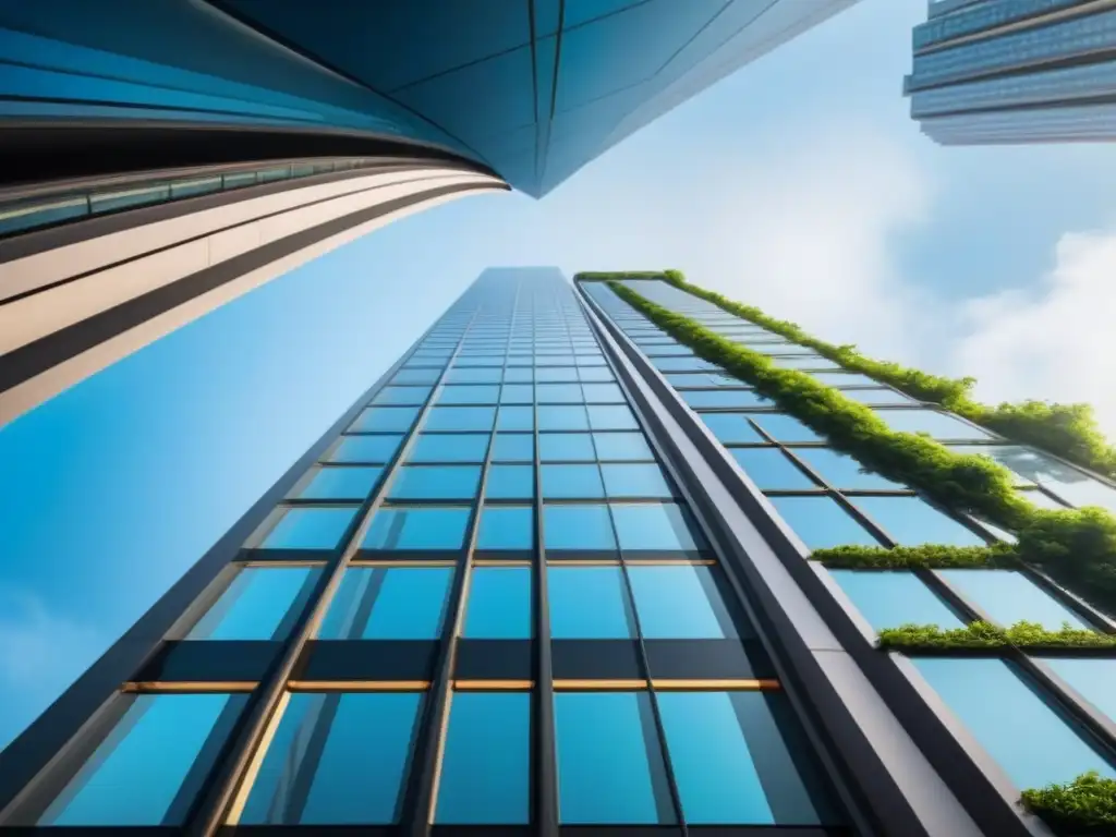 Imponente rascacielos transparente con un ascensor, rodeado de vegetación, cielo azul y cláusulas transparentes en financiamiento inmobiliario