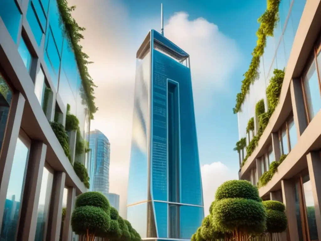 Rascacielos futurista transparente en 8k ultra realista Imponente rascacielos transparente futurista rodeado de vegetación, revelando actividad financiera
