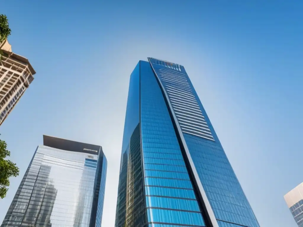 Rascacielos de cristal futurista: innovación en la arquitectura urbana Un imponente rascacielos de vidrio futurista se alza en un cielo azul