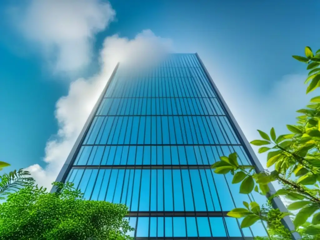 Rascacielos de vidrio transparente: transparencia en financiamiento inmobiliario Imponente rascacielos de vidrio transparente reflejando el cielo azul y rodeado de vegetación exuberante, simbolizando transparencia en el financiamiento colectivo inmobiliario