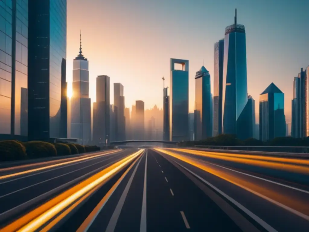 Horizonte futurista: ciudad de cristal dorado al atardecer Un imponente skyline futurista con rascacielos reflejando tonos dorados del atardecer