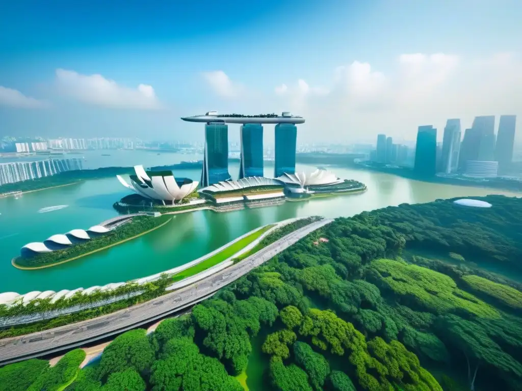 Esplendor urbano de Singapur: Marina Bay y Supertree Grove El imponente skyline de Singapur con Marina Bay Sands, Supertree Grove y rascacielos en el distrito financiero