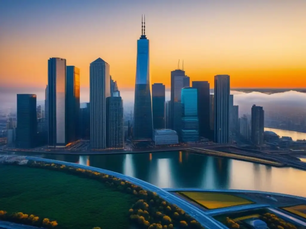 Imponente skyline urbano al atardecer reflejando un floreciente distrito financiero, destacando el impacto de políticas financieras inmobiliarias