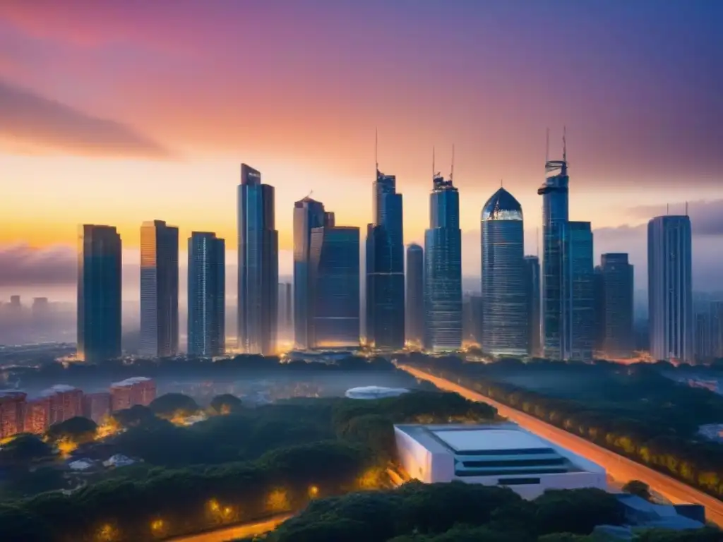 Condominio de lujo en ciudad moderna al atardecer Imponente skyline urbano al anochecer con un lujoso edificio en primer plano
