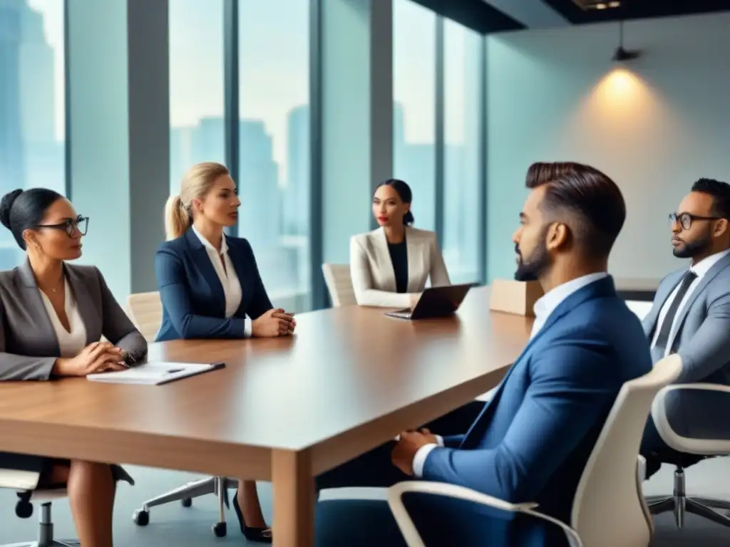 Profesionales en debate ético sobre financiamiento inmobiliario Importancia ética en préstamos inmobiliarios: Profesionales discuten en oficina moderna