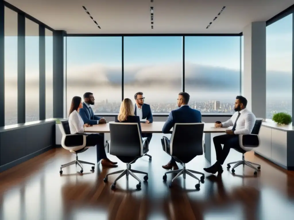 Reunión colaborativa de profesionales en moderna oficina Importancia ética en préstamos inmobiliarios: Profesionales colaborando en una oficina moderna, discutiendo con ética