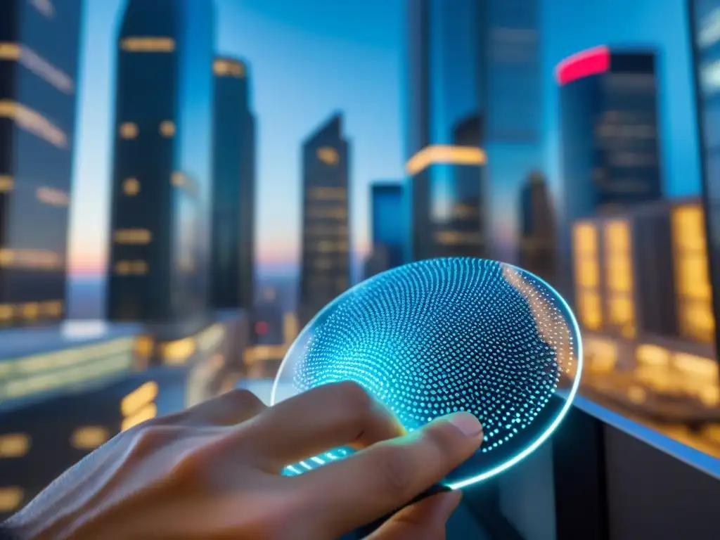 Dispositivo biométrico de seguridad financiera futurista en 8k Importancia de la autenticación en financiamiento: Sistema de seguridad futurista con autenticación de dos factores en oficina moderna