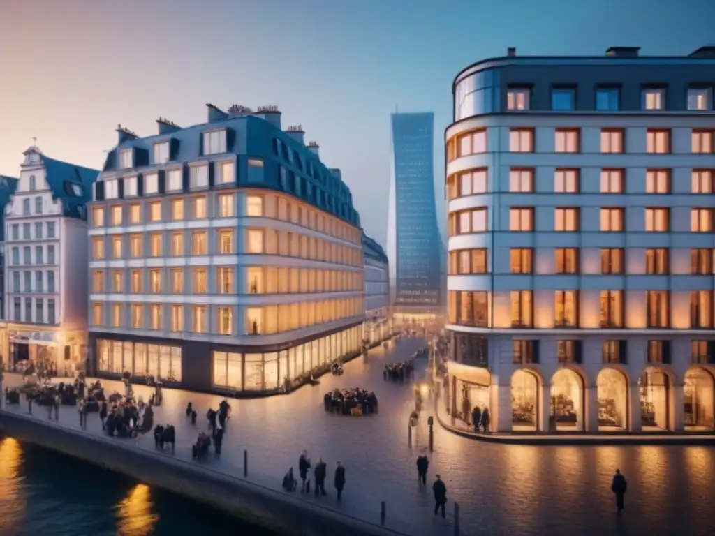 Escena urbana europea: mercado inmobiliario y hipotecas Importancia de hipotecas en el mercado inmobiliario europeo: escena urbana dinámica con arquitectura moderna y diversidad profesional