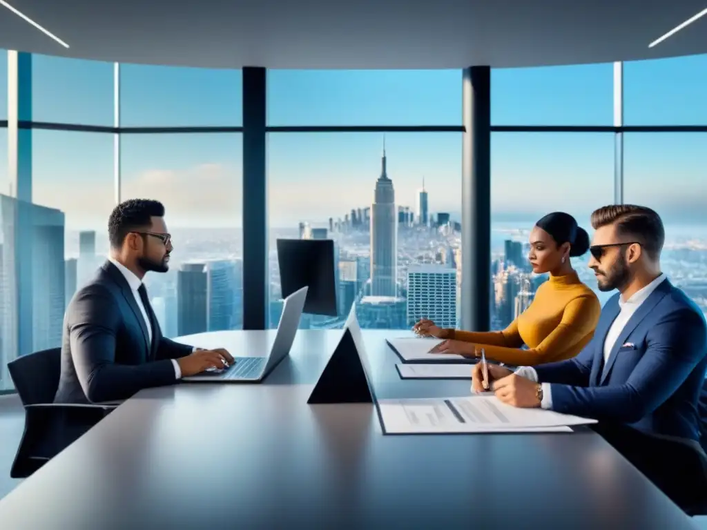 Profesionales analizan préstamos hipotecarios en oficina futurista Importancia del historial crediticio en préstamos inmobiliarios: Grupo diverso revisa documentos financieros en oficina futurista