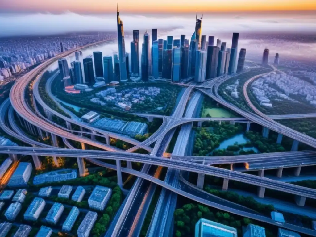 Metrópolis moderna: infraestructura urbana en armonía Importancia de la infraestructura en la valoración inmobiliaria: Ciudad moderna con rascacielos, autopistas y transporte público integrados