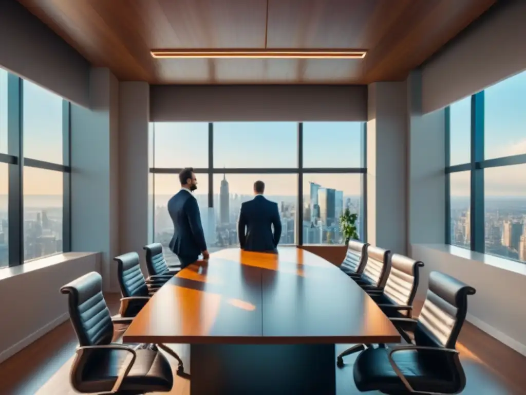 Oficina moderna con vista panorámica de la ciudad: reunión de profesionales Importancia de la Due Diligence en Sindicación Inmobiliaria: Profesionales en reunión en moderna oficina con vista panorámica de la ciudad