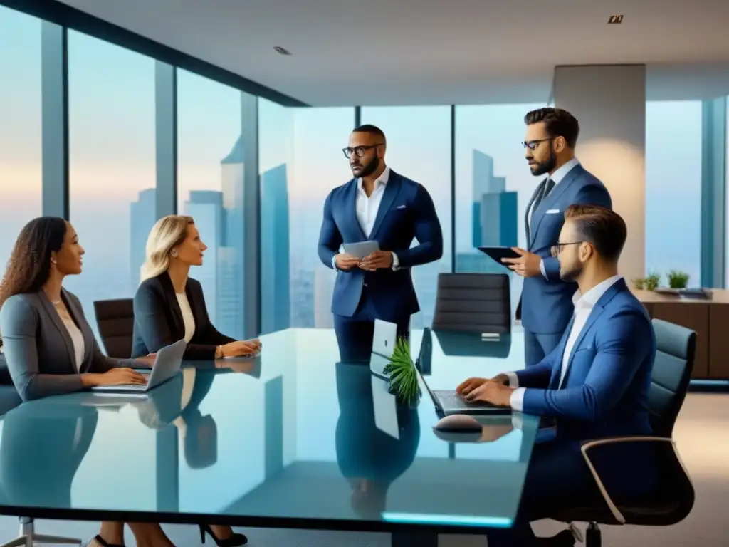 Profesionales inmobiliarios en reunión estratégica en oficina moderna Importancia de intermediarios en transparencia de transacciones: Profesionales discuten en oficina moderna con gadgets y datos de mercado