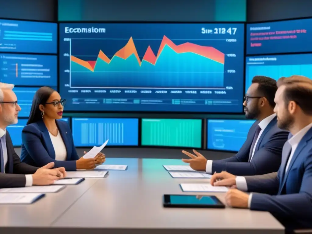 Debate económico intenso: economistas y expertos en acción Importancia política monetaria en la crisis inmobiliaria: Economistas y políticos discuten estrategias en una sala moderna y vibrante
