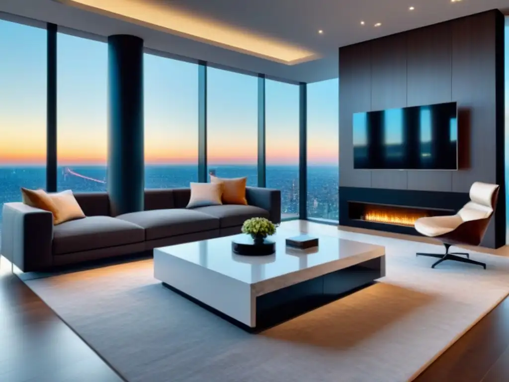 Salón de lujo con vista panorámica en propiedad inmobiliaria de alta gama La importancia de primeras impresiones en inversión inmobiliaria: Sala de estar de lujo moderna con vista a la ciudad y elegante decoración