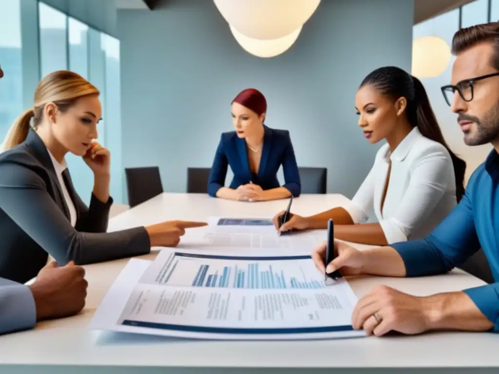 Profesionales discuten pólizas de seguros en oficina moderna Importancia del seguro inmobiliario: Profesionales colaborando en una oficina moderna, discutiendo documentos y datos de pólizas