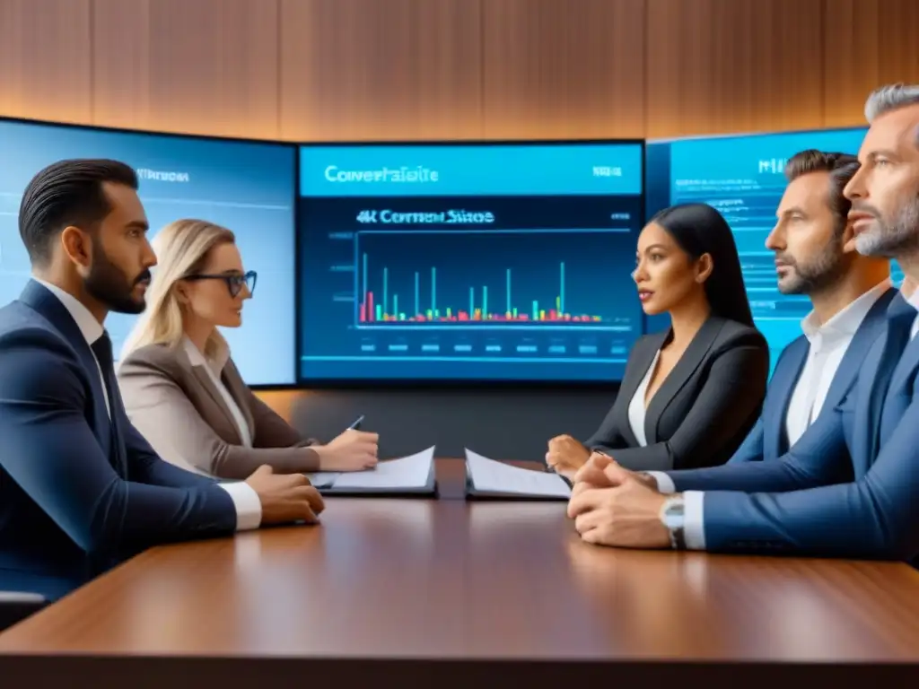 Inversores inmobiliarios analizan estrategias en sala de juntas moderna Importancia seguro inversor inmobiliario: Grupo diverso de inversores serios analizando estrategias y datos financieros en sala moderna