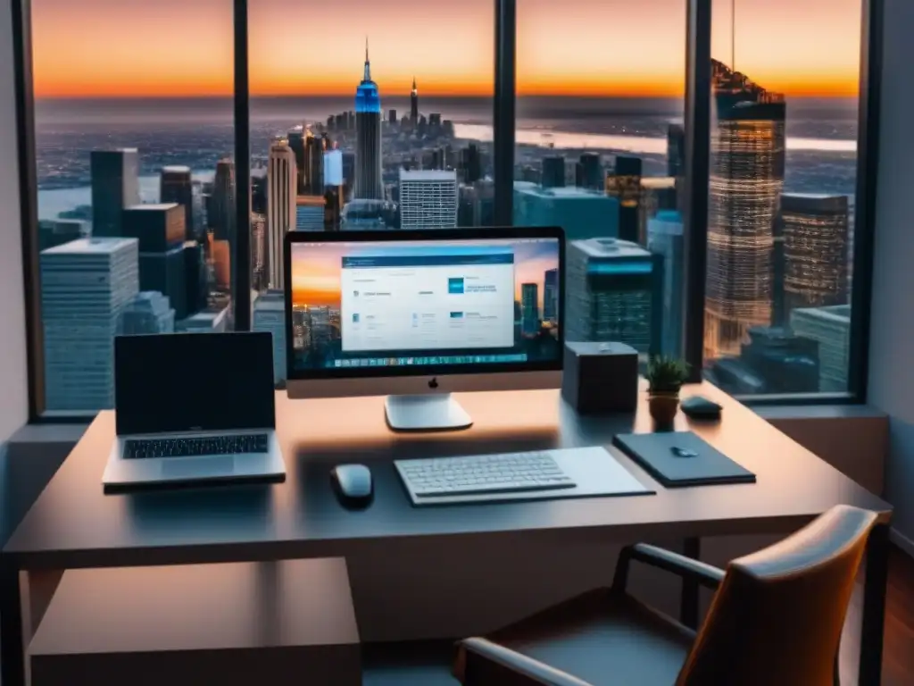 Escritorio de lujo con vista panorámica y seguro de inversión inmobiliaria Importancia del seguro para inversores inmobiliarios: Oficina moderna con vista a la ciudad, escritorio elegante con laptop y papeles financieros