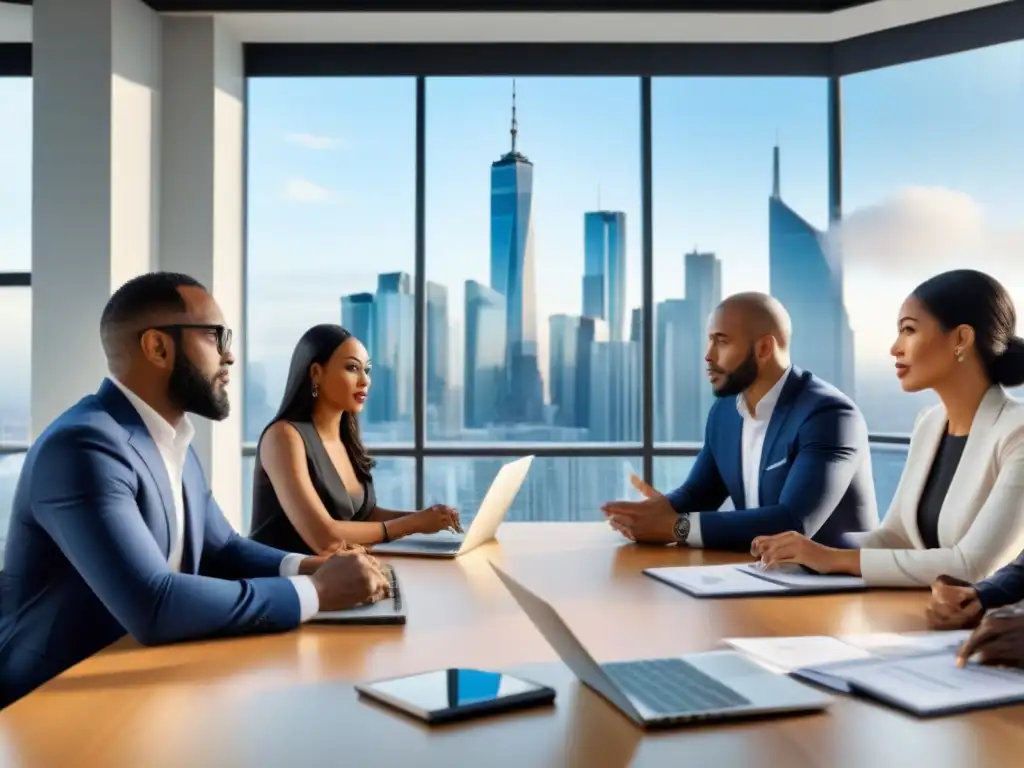 Inversores inmobiliarios diversificados debaten estrategias financieras en moderna sala de juntas Importancia del seguro para inversores inmobiliarios en una sala de juntas moderna y luminosa