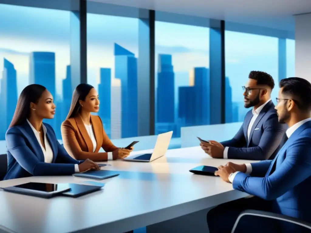 Profesionales discuten seguros inmobiliarios en oficina futurista Importancia de seguros en mercado inmobiliario: Profesionales diversos discuten opciones en oficina futurista