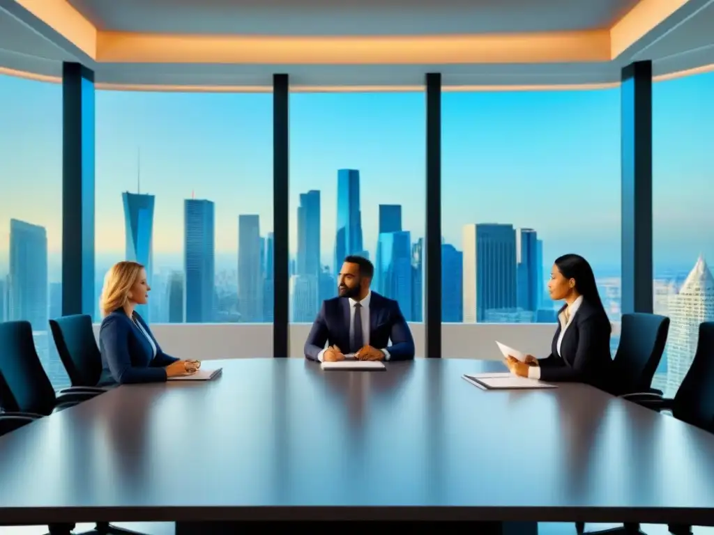 Reunión de profesionales analizando pólizas de seguros en oficina moderna Importancia de seguros en préstamos inmobiliarios: Profesionales discuten pólizas en oficina moderna con vista a la ciudad