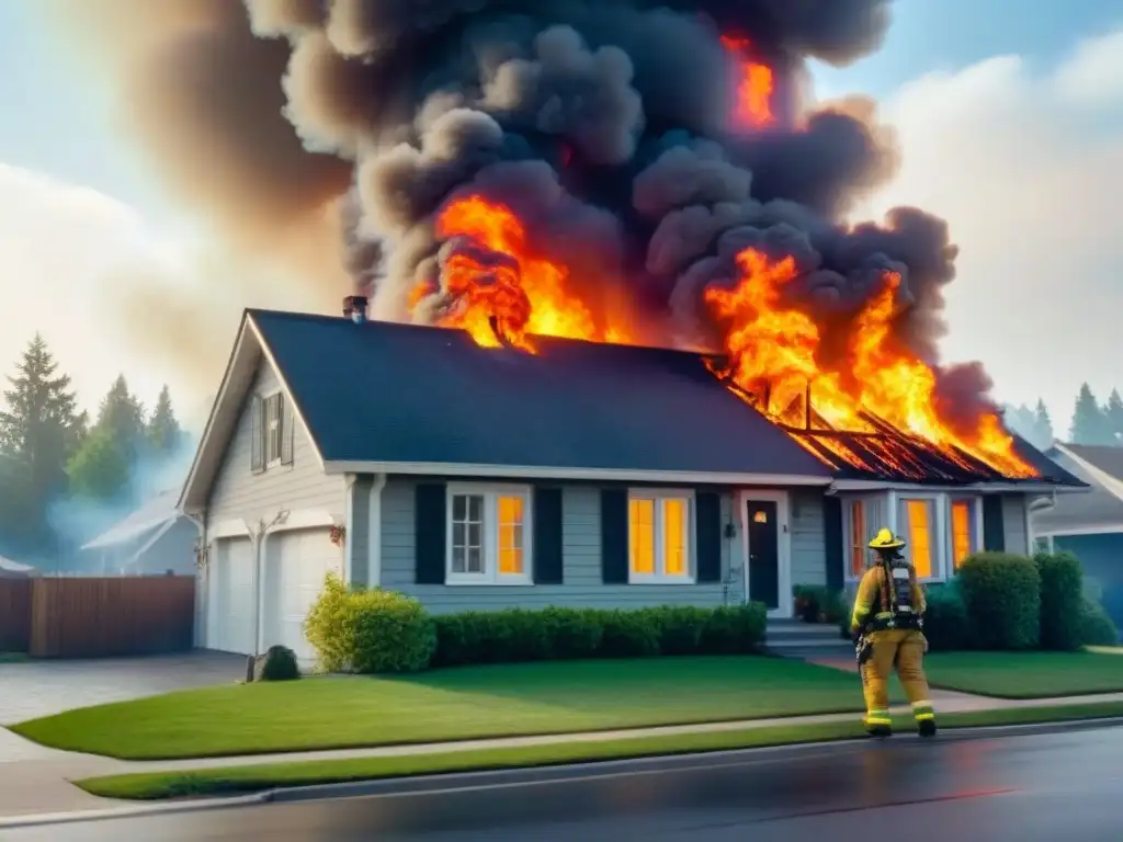 Dramático incendio en casa moderna: vecindario en peligro Importancia de seguros de propiedad ante desastres: casa moderna en llamas, bomberos y dueños angustiados