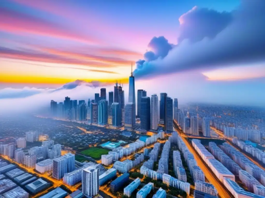 Metrópolis en crecimiento: impacto de inversiones inmobiliarias La importancia de las tasaciones en la inversión inmobiliaria se refleja en esta vista aérea de una ciudad vibrante con rascacielos modernos y edificios residenciales